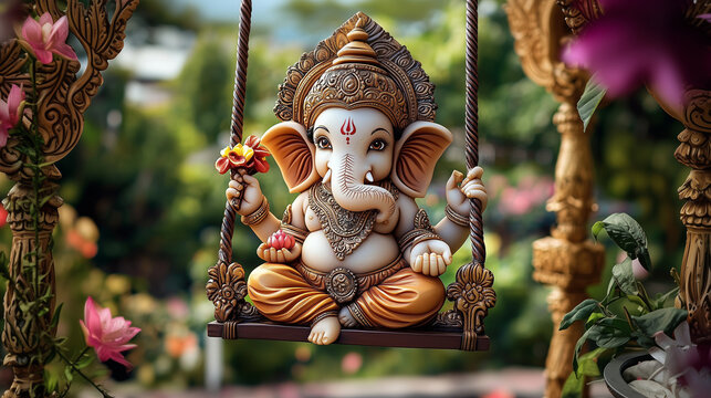 Ganesh idol placed in a swinging chair 