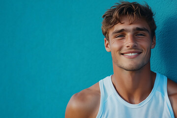 Caucasian male athlete on blue background, Look into the camera with confidence.