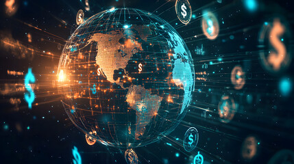 A 3D globe with currency symbols orbiting around it