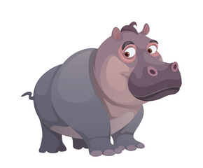 flat vector illustration of a cute african hippo with a cheerful expression standing on a white background full body drawing with nice colors and simple style