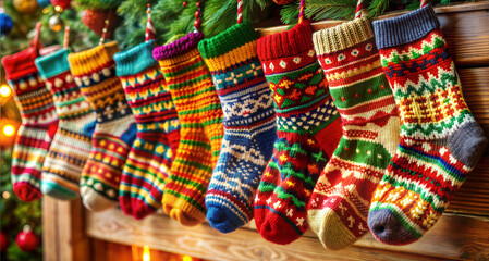 Obraz premium Knitted Christmas Stockings Hanging Over Fireplace Mantel for Holiday Decor