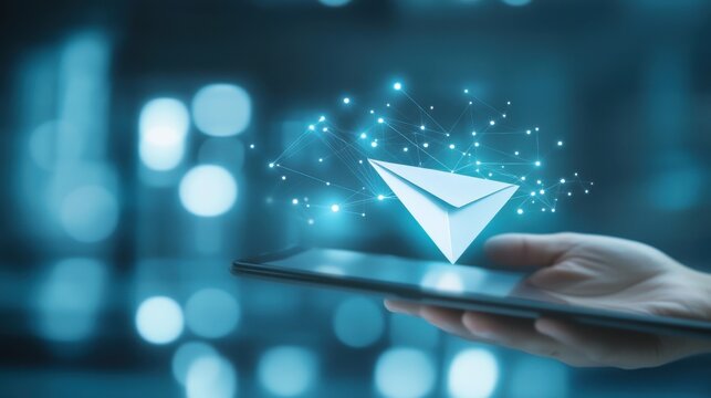 Mailbox application, business communication and e-mail concept with digital envelope with notification alert and paper plane on human finger on digital tablet screen background - Powered by Adobe