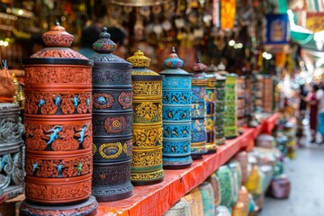 Tibetan Prayer Wheel Market Stall Buddhism Religion Spiritual Symbol