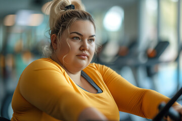 Fototapeta premium Overweight plus size woman exercising at gym, healthy body concept.