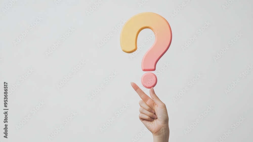 Aufkleber finger balancing a pastel-colored foam question mark on a plain background. image symbolizing inquir