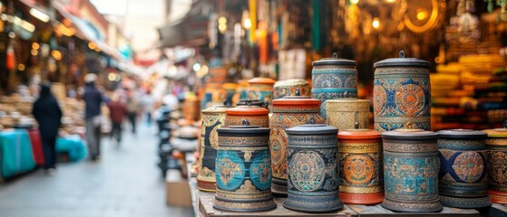 Fototapeta premium Tibetan Prayer Wheel Market Stall Buddhism Religion Spiritual Symbol