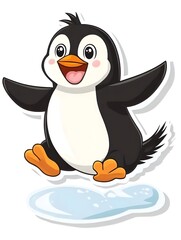 Naklejka premium Playful Penguin Sliding on Minimalistic Icy Background