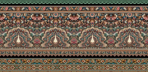 digital Traditional Geometric Ethnic border, floral leaves baroque pattern and Mughal art elements, Abstract texture motif, and vintage Ornament artwork combination for textile printing