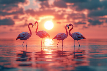 Fototapeta premium 3D image of a flamingo walking in the water at sunset. Beautiful sky with light reflecting on the sea surface