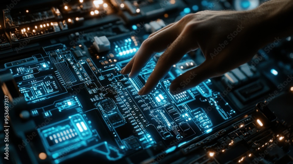 Poster hand interacting with glowing circuitry