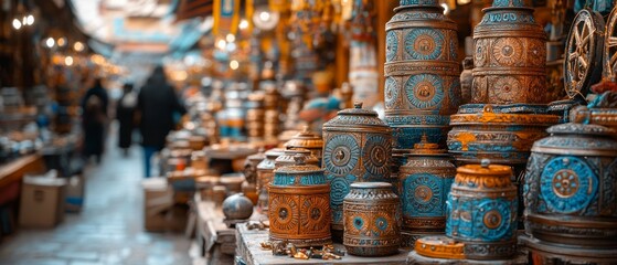 Tibetan Prayer Wheel Market Stall Buddhism Religion Spiritual Symbol