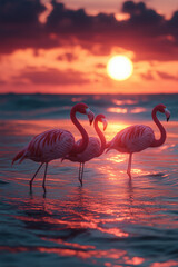 Fototapeta premium 3D image of a flamingo walking in the water at sunset. Beautiful sky with light reflecting on the sea surface