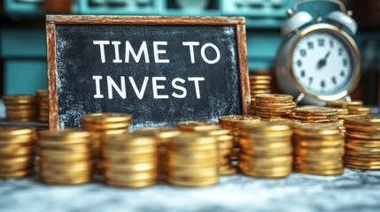 A chalkboard emphasizes the importance of investing while surrounded by shiny gold coins