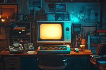 Vintage style room atmosphere with retro technology. both computers and old telephone