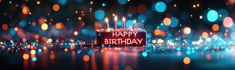 Brightly lit birthday cake with candles on top of it in front of a background of bokeh, banner, copy space