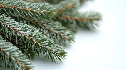 Frosted pine needles shimmer softly, highlighting the beauty of winter's frozen touch