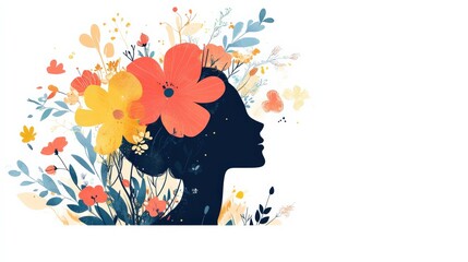 Mind with blooming flowers, clean lines, minimal flat design illustration on white background, copy space for stock photo with minimal concept, No logo, No Trademark, No text