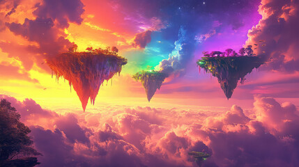 A captivating fantasy world featuring floating islands bathed in a rainbow sky, with surreal and imaginative landscapes.