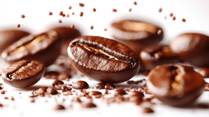 Rich coffee beans spread across a surface with ground coffee adding texture