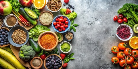 Colorful assortment of fresh vegetables, fruits, grains, and spices displayed on a textured surface, emphasizing organic, healthy eating and nutrition, ideal for balanced diet and wellness promotion.
