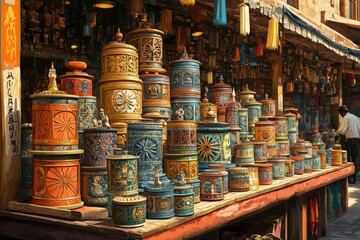 Tibetan Prayer Wheel Market Stall Buddhism Religion Spiritual Symbol