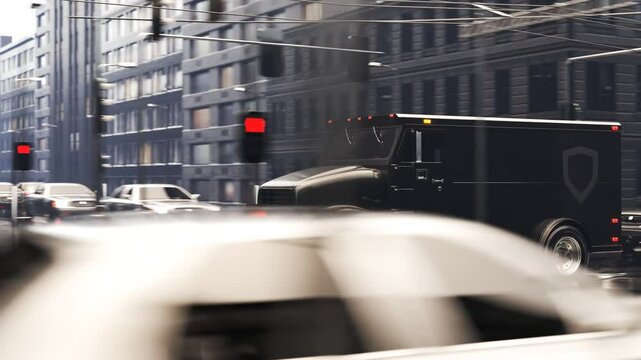 A Heavy Black Armoured Truck Going Through The City During Rainy Weather A Heavy Black Armoured Truck Going Through The City Downtown During Rainy Weather Bank Money Safe Transportation In A Hurry