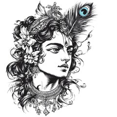 Fototapeta premium A detailed drawing of Krishna, a Hindu god, with a peacock feather in his hair.
