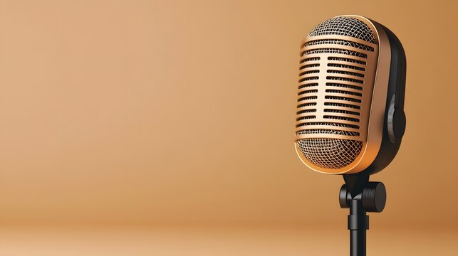 Classic microphone on a stand against a soft, warm background, perfect for music, podcasts, or performance themes.