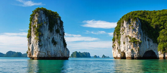 Naklejka premium Majestic Limestone Cliffs Stand Tall Amidst Calm, Turquoise Waters in an Idyllic Coastal Landscape