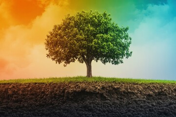 Obraz premium A grown tree on fertile land with green grass and a colored background. Environment and climate change concept with generative ai