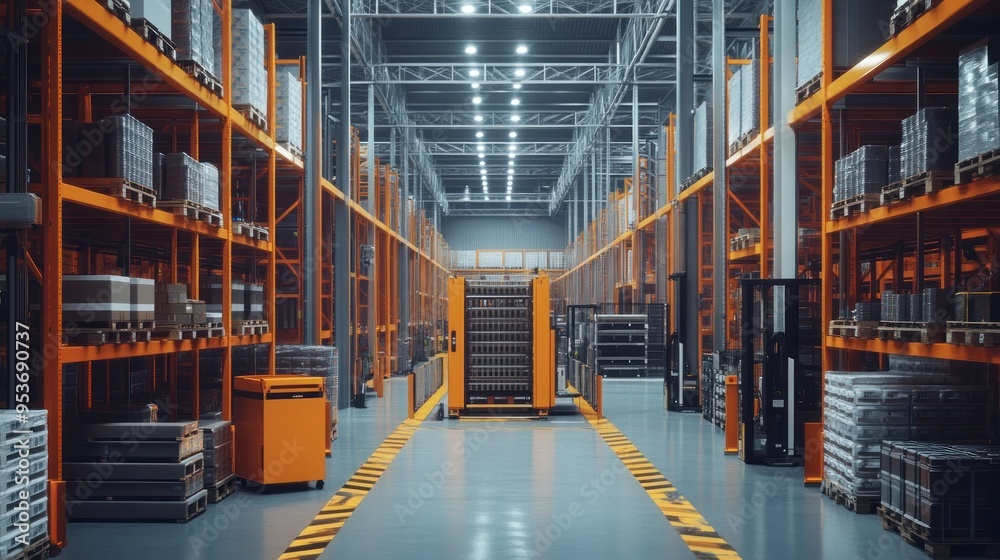 Poster industrial warehouse with automated guided vehicle and stacked pallets