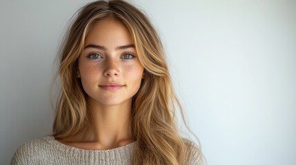 Naklejka premium A young woman with long blonde hair exudes warmth and confidence in a cozy setting