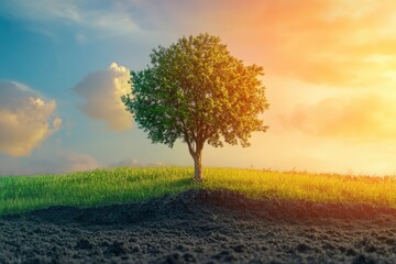 A grown tree on fertile land with green grass and a colored background. Environment and climate change concept with generative ai