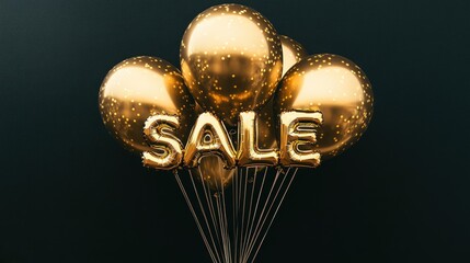 Glistening gold balloons announce a special sale, creating a joyful celebration vibe