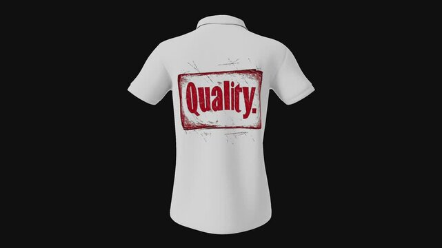 Looped animation of a rotating white polo shirt with the caption &ldquo;Quality&rdquo;. Video. 3d rendering.