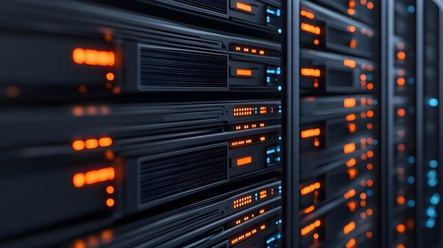 Close-up view of modern server hardware with illuminated indicators, showcasing technology in a data center environment.