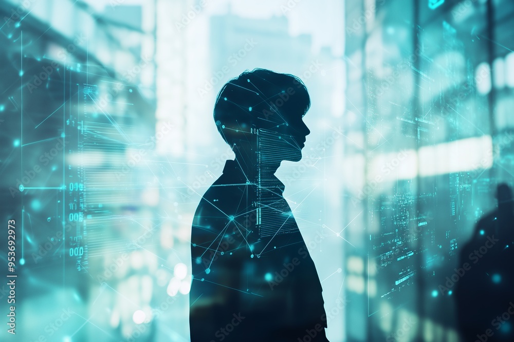 Poster a business professionals silhouette in a dynamic digital setting symbolizes the modern business land