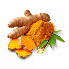 Turmeric Root Powder and Leaves Isolated on White Background