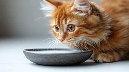 The playful kitten approaches the bowl, fascinated by the milk's glimmering surface