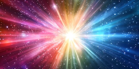 Naklejka premium Colorful light beams radiating from a bright center in a starry night sky.