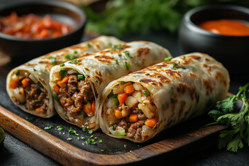 Asian food made from thin flat dough Stuffed with minced meat and colorful vegetables like carrots and onions, then fried.