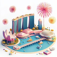 Isometric Illustration of 3d Singapore city with firework in new year icon
