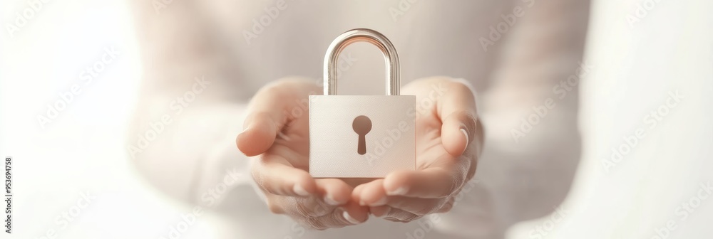 Poster Hands holding a padlock symbolizing secure online transactions and digital privacy. Concept of data protection.