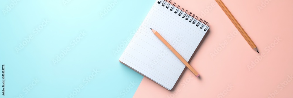 Aufkleber Minimalist top view of a blank notepad and pencils on a pastel background. Creative workspace setup and office supplies.