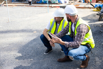 Architect and contractor working on building in construction site. Two Professional Architects Engineer Working on Personal laptop computer at house construction site