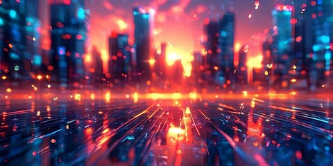 A cityscape with a bright orange sun in the background