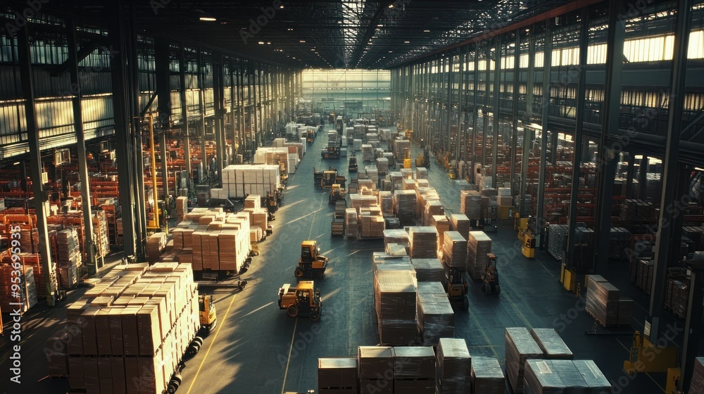Poster forklifts moving and stacking pallets of boxes in a warehouse