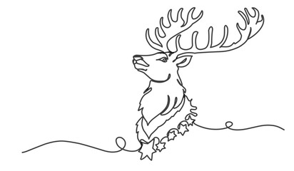 Continuous line drawing abstract deer. Modern one line animal illustration, aesthetic contour. Head of Christmas Santa reindeer for greeting cards, prints, poster, sticker, logo. banner. Vector.