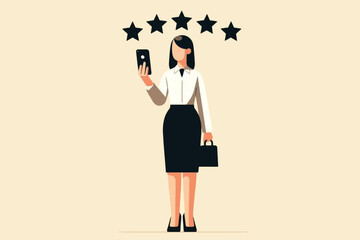 Illustration of a career woman standing holding a mobile phone to give a 5 star rating