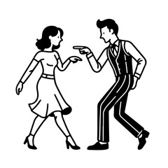 A man and a woman are dancing and the woman is pointing at the man